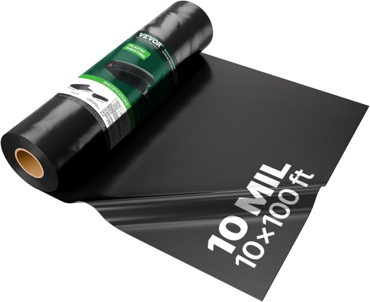 VEVOR 10ft x 100ft 10Mil Plastic Sheeting, Heavy Duty Plastic Drop Cloth | Heavy Duty Painters Tarp, Crawl Space Vapor Barrier, Black Plastic Sheet Roll for Construction, Garden, Landscape Fabric