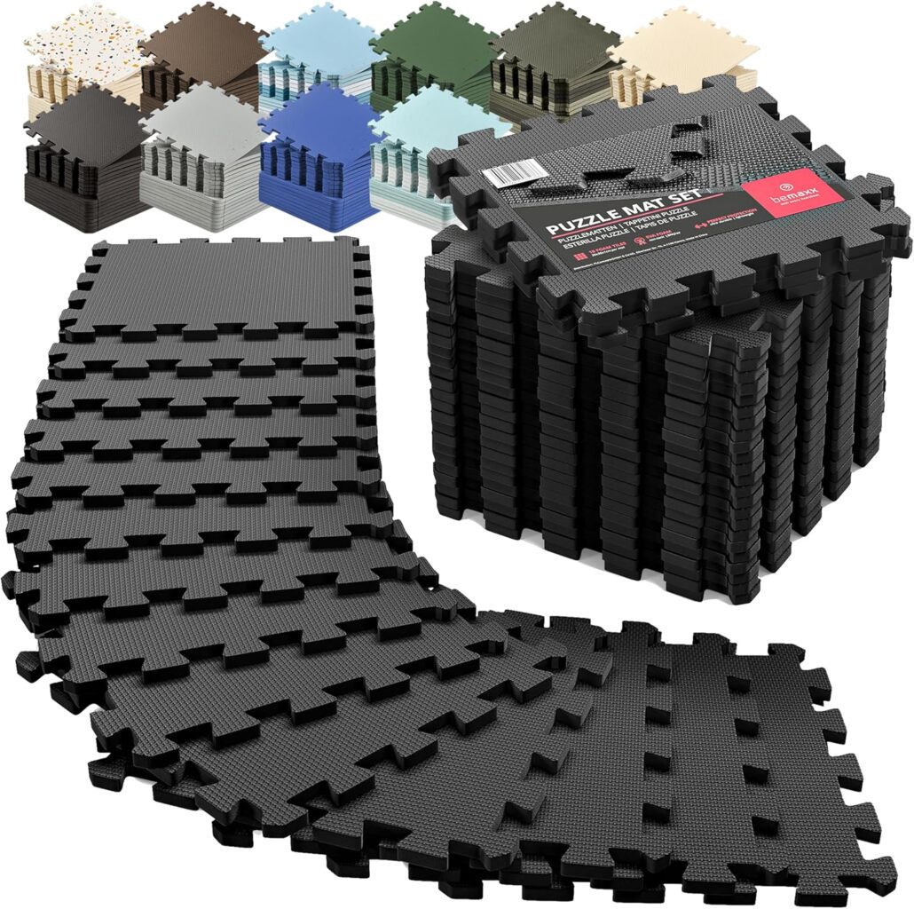 bemaxx Gym Mats Set – EVA Interlocking Foam Floor Tiles Workout Mat Puzzle | 12.6″x12.6″x0.4″ Gym Flooring Exercise Mats Sports Home Equipment Play-Room Yoga Garage Fitness Treadmill Pool 18 pcs 18sqft
