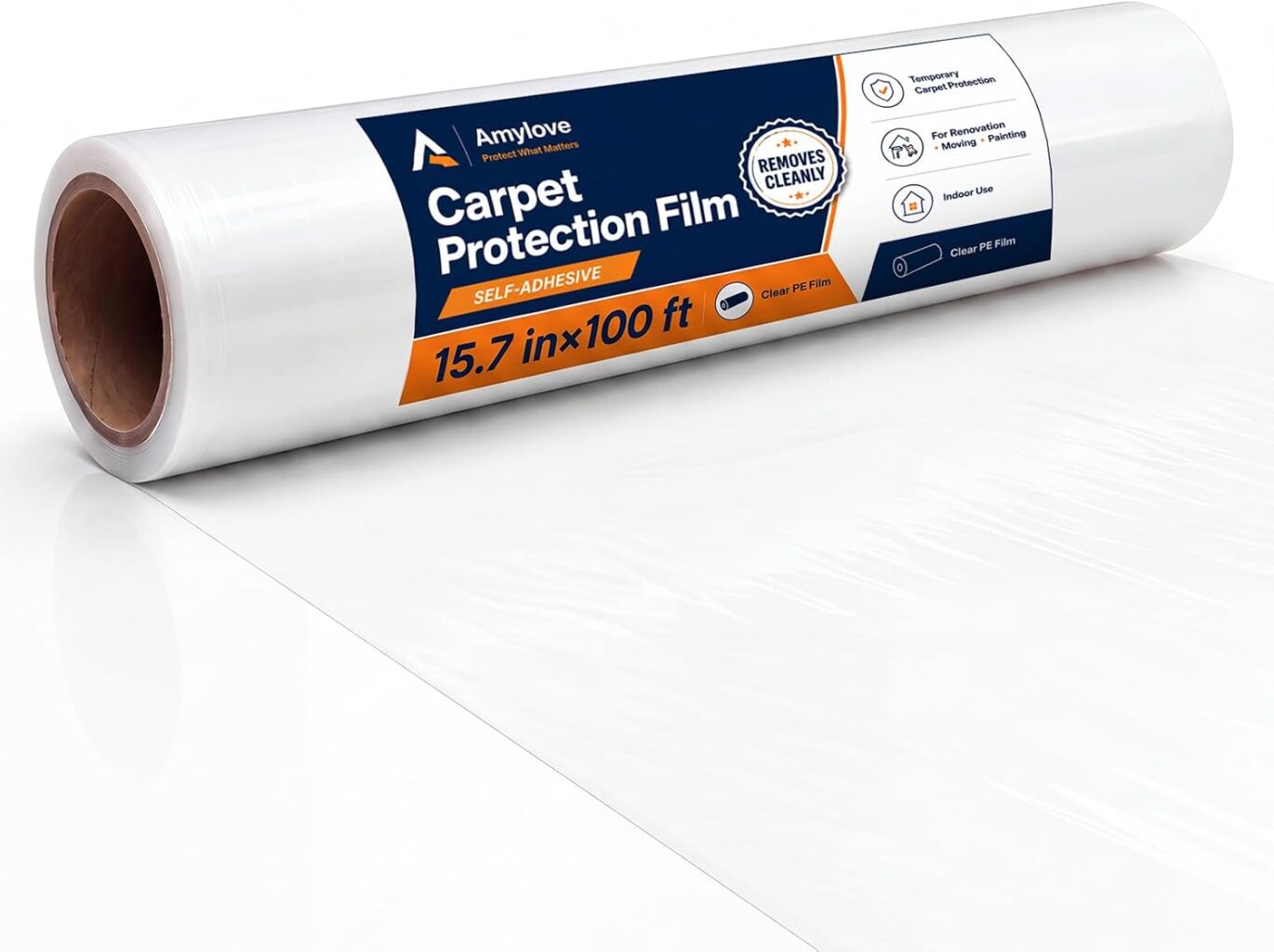 Amylove 15.7 Inch X 100 ft Carpet Plastic Protection Film, Transparent | Self-adhesive Floors Protector, Heavy Duty Tear Resistant Design for Stairs Rugs Runner Hallways and Pets Moving/renovation